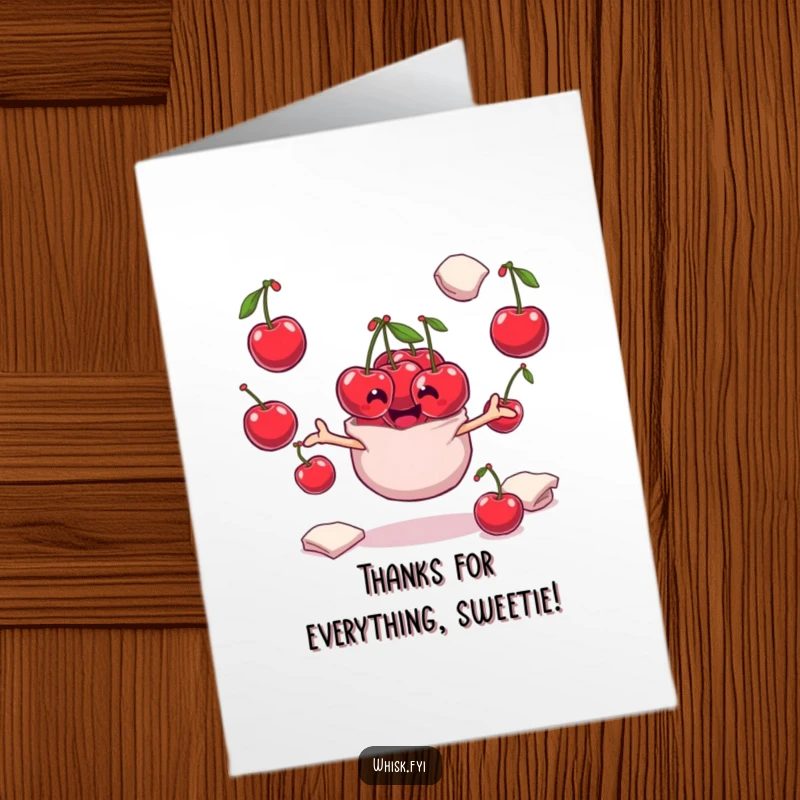 Funny Free Printable playful bunch of cherries juggling flour sacks for a thank you card, whimsical and humorous downloadable art.