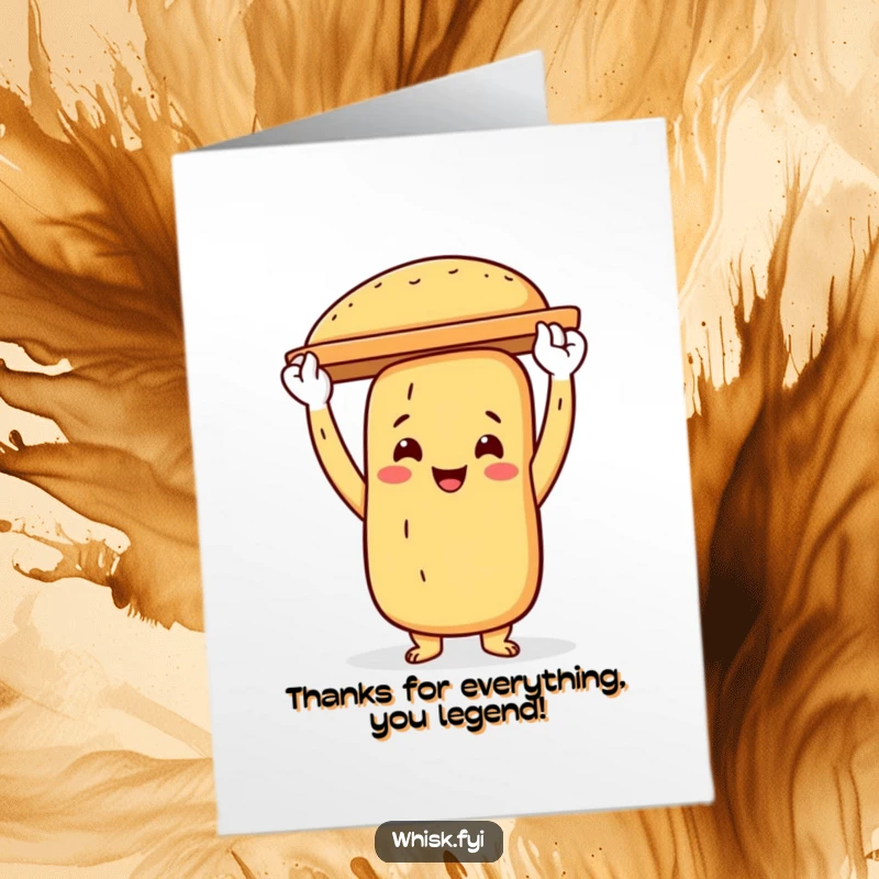 Funny free printable thank you card depicting a proud baguette character holding a baking sheet, offering thanks.