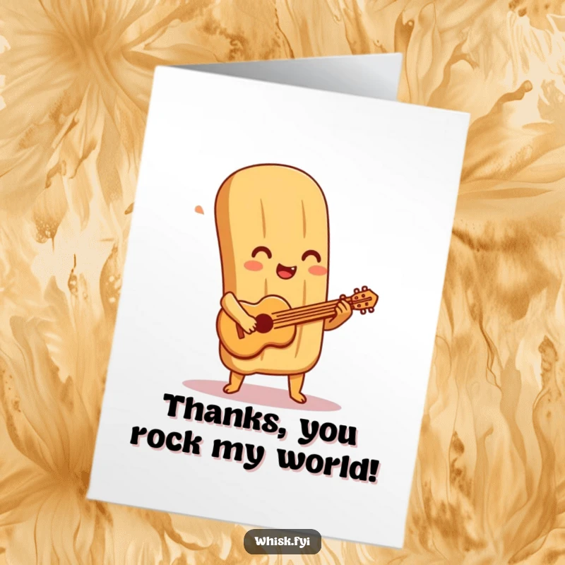 Funny Free Printable Baguette Thank You Card: a happy baguette character playing a tiny guitar fashioned from baked pastry.