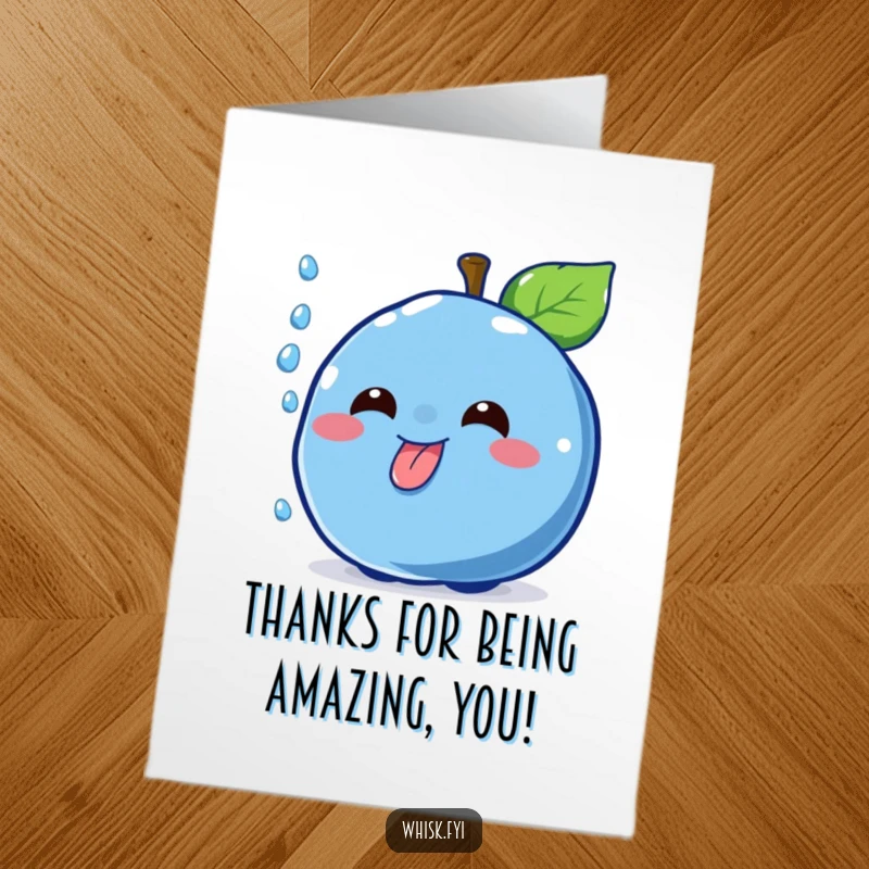 Funny Free Printable Thank You Card: Cheerful blue blueberry character catching a falling sprinkle with its tongue, expressing thanks playfully.