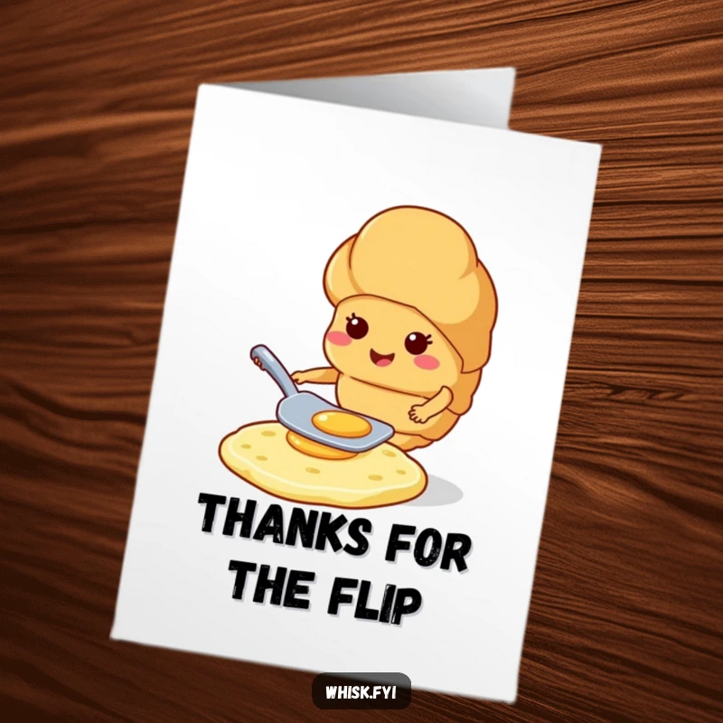 Funny free printable thank you card: A smiling croissant expertly flips a pancake, symbolizing a perfectly executed act of thanks.