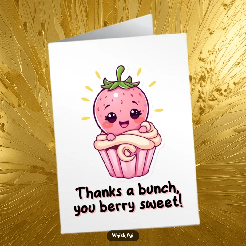 Funny Free Printable Thank You Card: Pink strawberry character proudly decorating a cupcake, expressing heartfelt thanks.