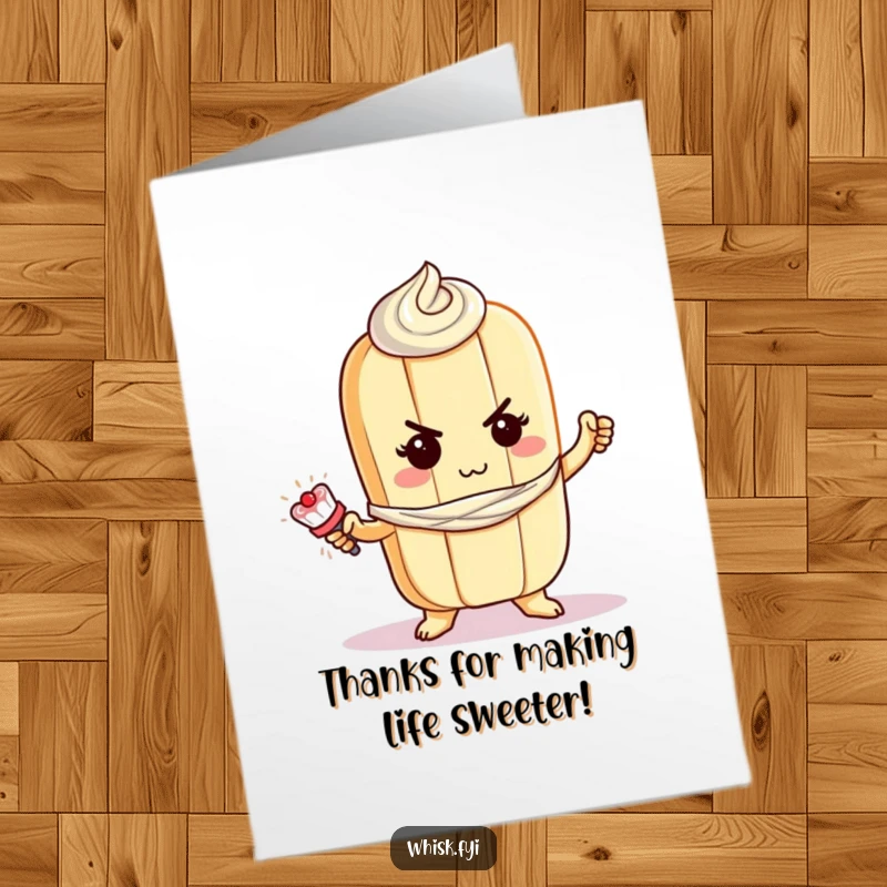 Funny Free Printable Thank You Card: A determined baguette character skillfully pipes frosting, offering sweet thanks.