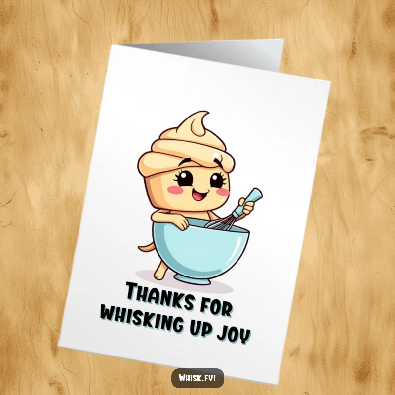Funny Free Printable Thank You Card: A smiling cupcake character diligently whisks batter, embodying a sweet and heartfelt thank you.