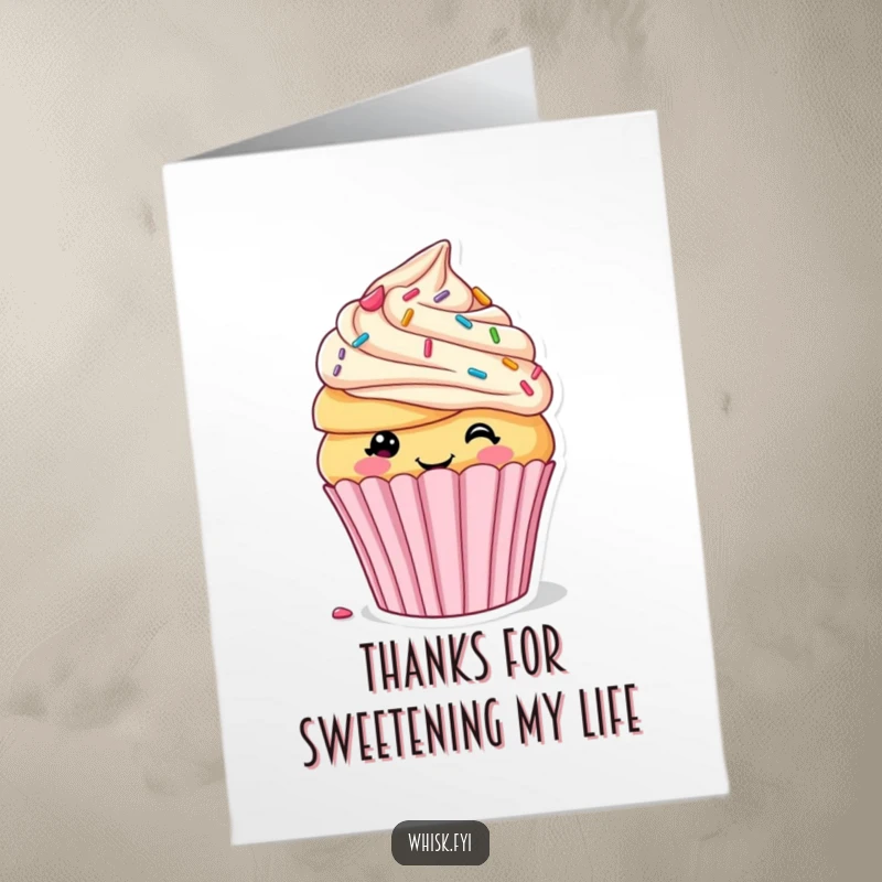 Funny Free Printable Thank You Card: Smiling cupcake adorably decorating itself with frosting and sprinkles, offering sweet gratitude.