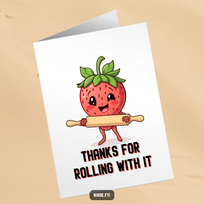 Funny Free Printable Thank You Card: A happy strawberry holds a rolling pin, symbolizing a big thank you.