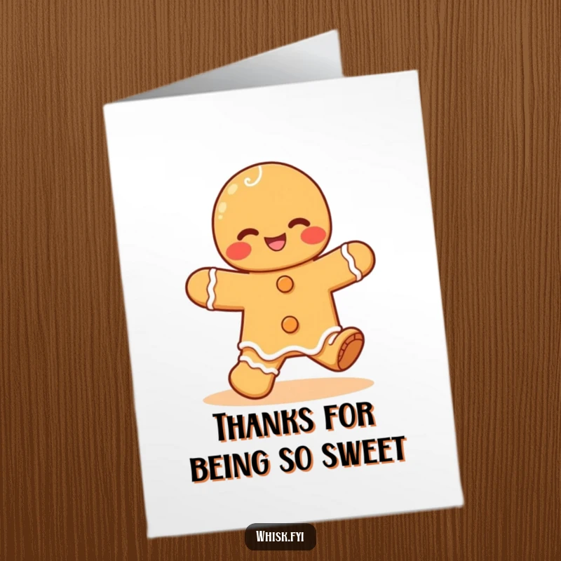 Funny Free Printable Thank You card of a giggling Kawaii gingerbread man character doing a happy jig, conveying cheerful gratitude.