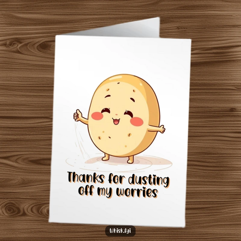 Funny Free Printable Thank You Card: A happy round bread character dusting flour on a surface, offering a warm and cheerful thank you.