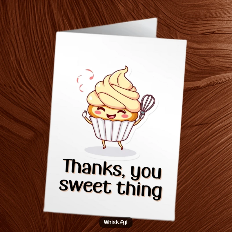 Funny Free Printable Thank You Card: Smiling cupcake character playfully twirling a whisk, expressing thanks with a sweet, energetic flourish.