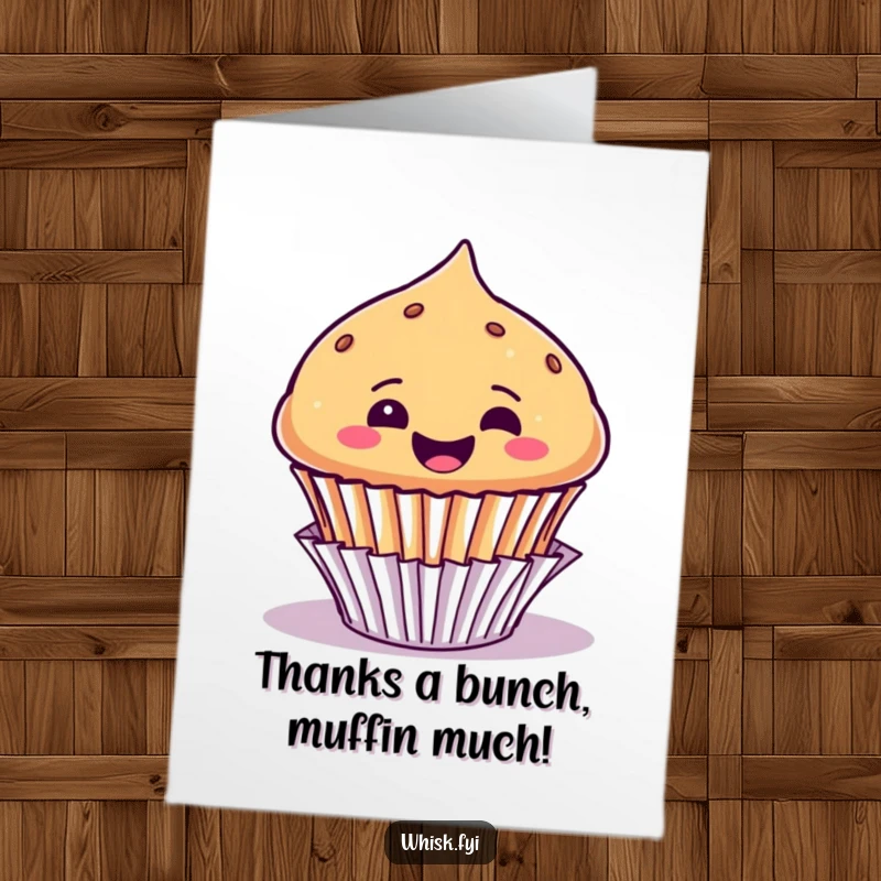 Funny Free Printable Thank You Card: Ecstatic muffin leaping from its paper cup, a sweet and hilarious gesture.