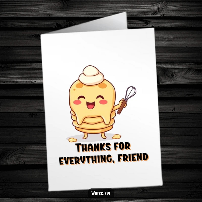 Funny Free Printable Thank You Card: Cheerful pancake character flipping batter with a whisk, expressing thanks with a playful, breakfast-themed gesture.