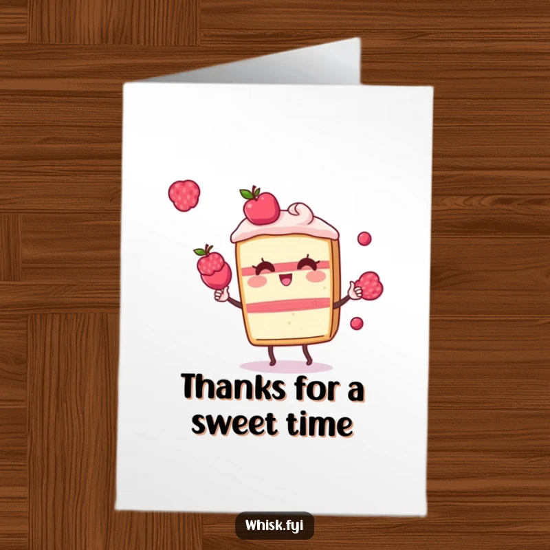 Funny Free Printable Thank You card of a playful Kawaii cake slice character juggling small berries, conveying sweet gratitude.