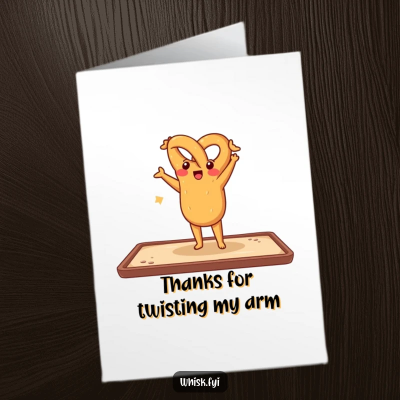 Funny Free Printable Thank You Card: Cheerful pretzel doing a handstand on a baking sheet, expressing thanks with baked flair.