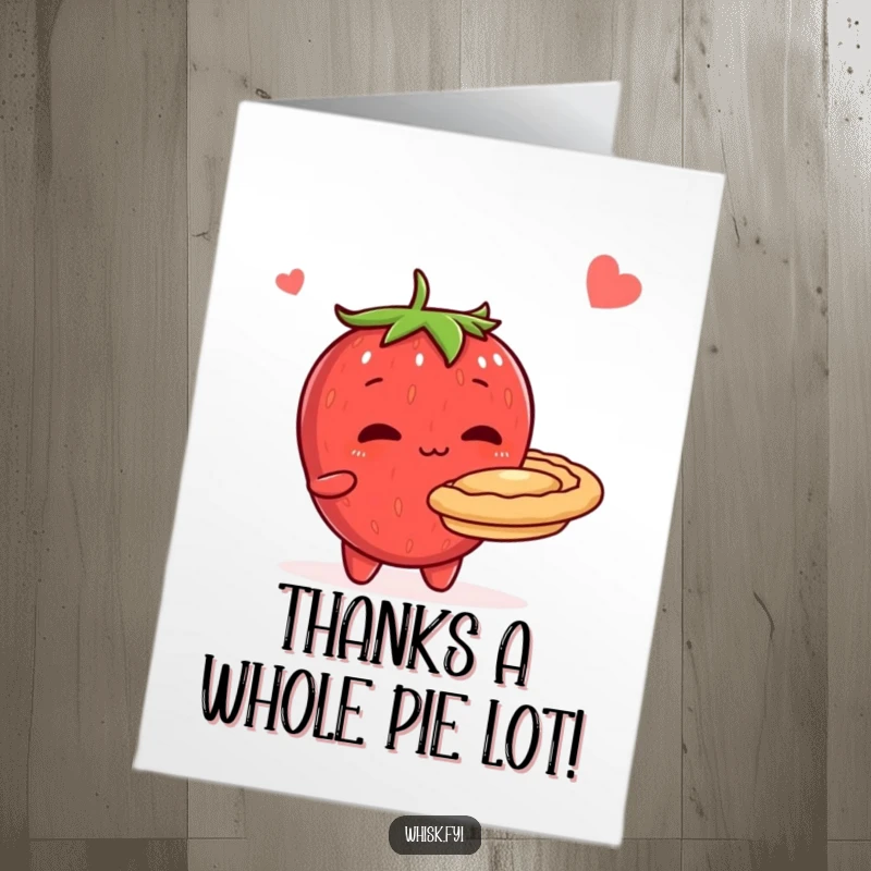 Funny free printable thank you card of a shy, blushing strawberry character holding out a perfectly baked pie with gratitude.