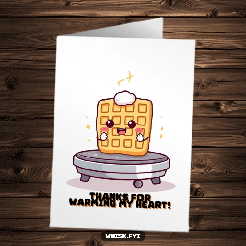 Funny free printable thank you card depicting a determined waffle bravely facing a hot griddle, showing thanks with courage.
