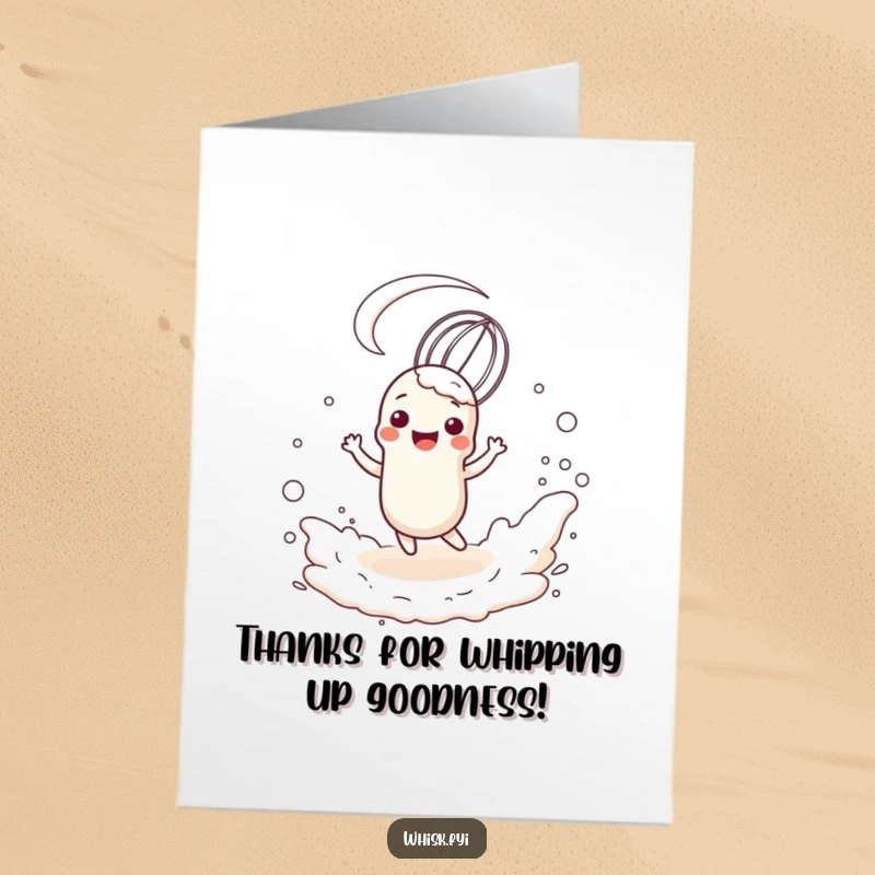 Funny Free Printable Thank You Card: Happy whisk twirls playfully in flour, expressing thanks.