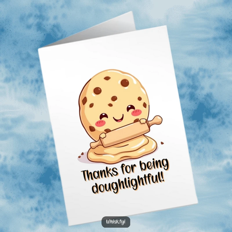 Funny Free Printable Thank You Card with a happy cookie mixing dough and a tiny rolling pin, expressing sweet thanks.