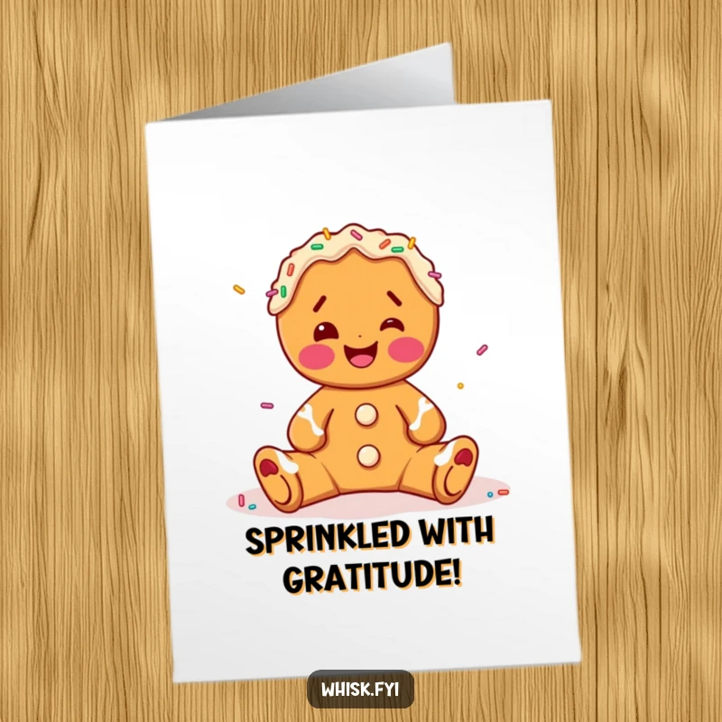 Funny Free Printable Thank You Card: A joyous gingerbread character decorating with sprinkles, offering a sweet thank you.