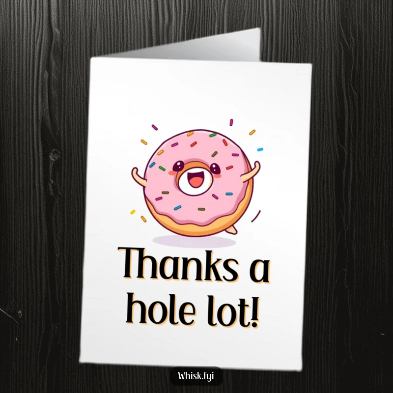 Funny Free Printable Donut Thank You Card: a happy donut character rolling excitedly with a shower of colorful sprinkles.