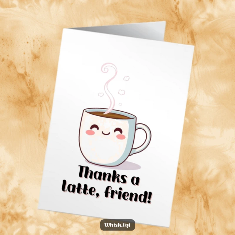 Funny Free Printable Thank You Card: Kawaii coffee mug sending steaming thanks, a delightful gesture.