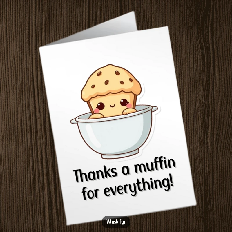 Funny Free Printable Thank You Card: A curious muffin peeking from a mixing bowl, offering sweet thanks. Adorable downloadable art.