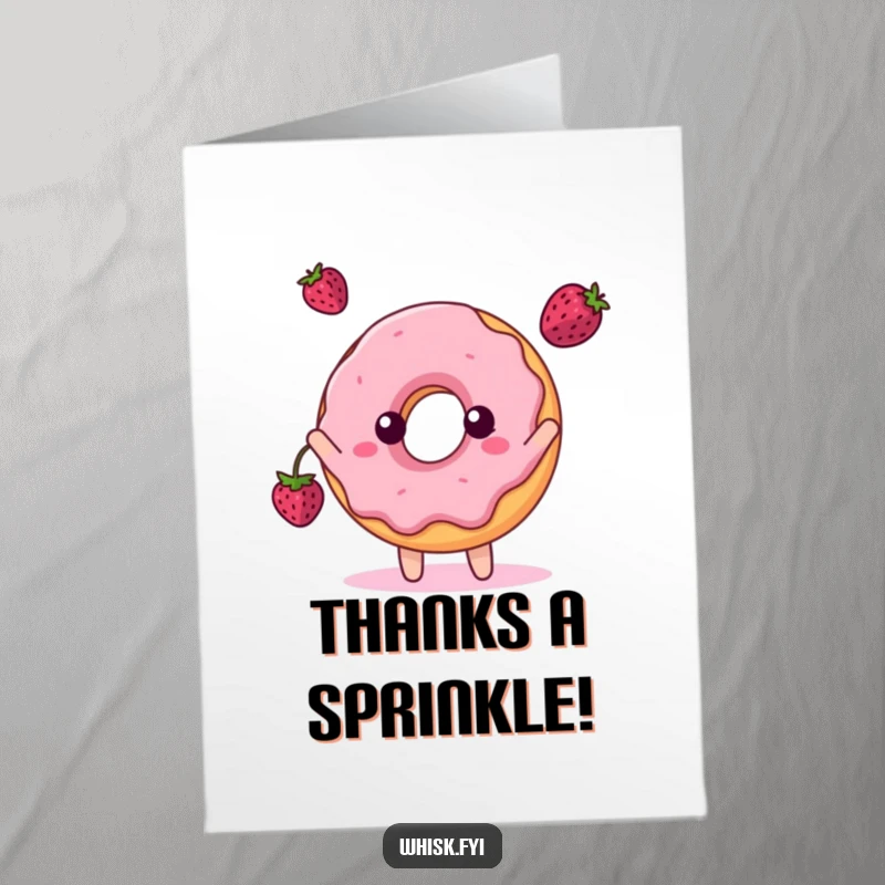 Funny Free Printable Thank You Card: A happy donut character playfully tosses a berry, sharing a sweet thank you with a joyful gesture.