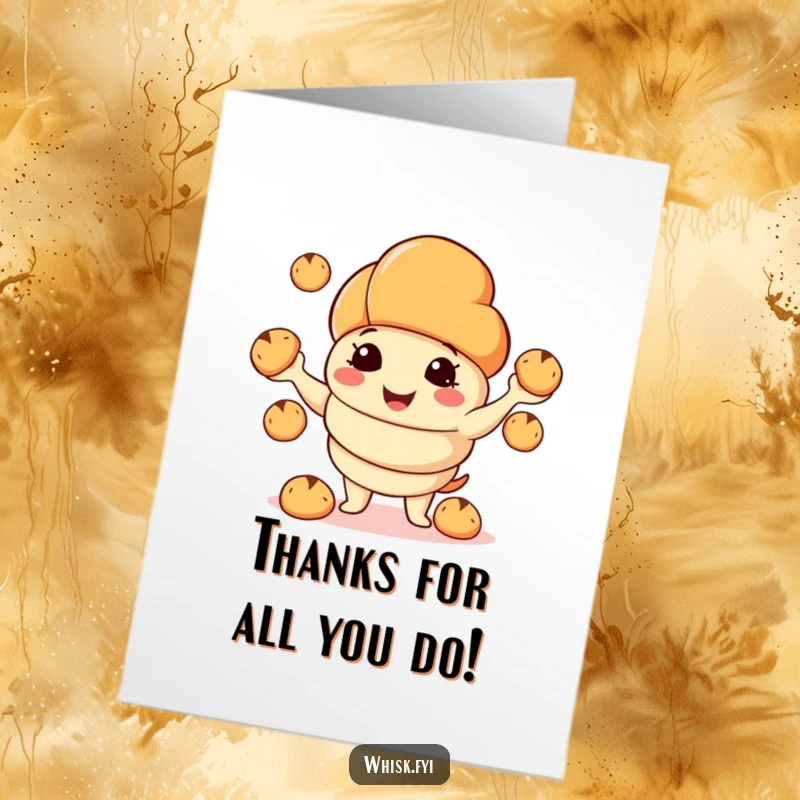 Funny Free Printable Thank You Card: Smiling croissant character juggling bread rolls, full of gratitude, perfect downloadable gift.