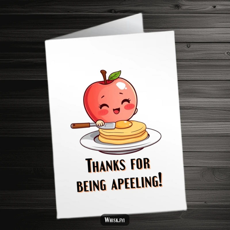 Funny Free Printable Thank You Card: Blushing red apple character flipping a pancake with flair, expressing thanks.