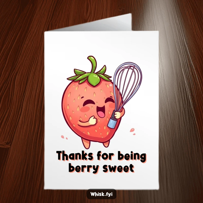 Funny Free Printable Thank You Card: Playful strawberry character comically entangled in a whisk, expressing thanks with a berry amusing mishap.