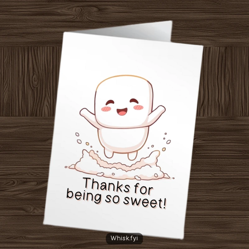 Funny Free Printable Thank You Card: Giggling white marshmallow character jumping into flour, expressing gratitude humorously.