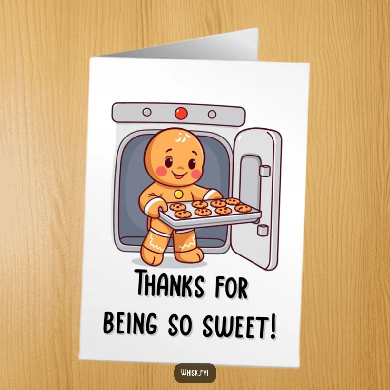 Funny free printable thank you card depicting a playful gingerbread man character showcasing his expert cookie baking skills.
