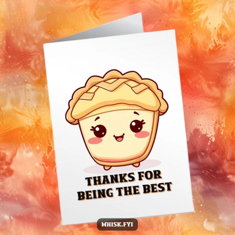 Funny Free Printable Thank You card of a cheerful Kawaii pie character with a lattice top, happily cheering to express thanks.