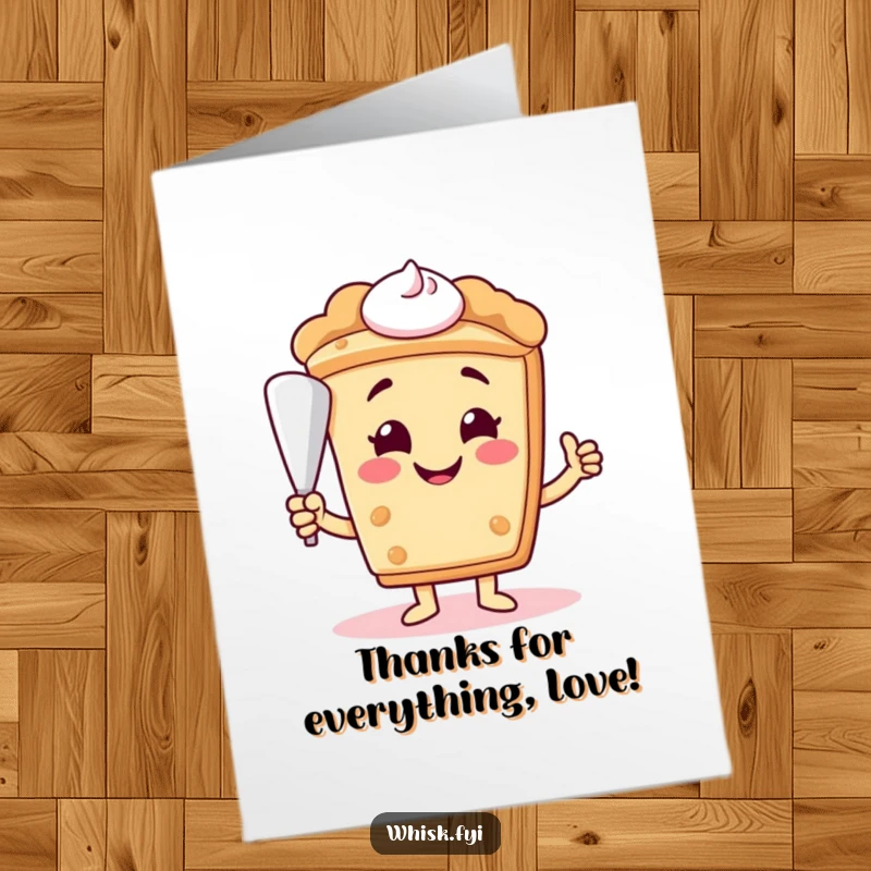 Funny Free Printable smiling slice of pie offering a piping bag for a thank you card, sweet and humorous downloadable art.
