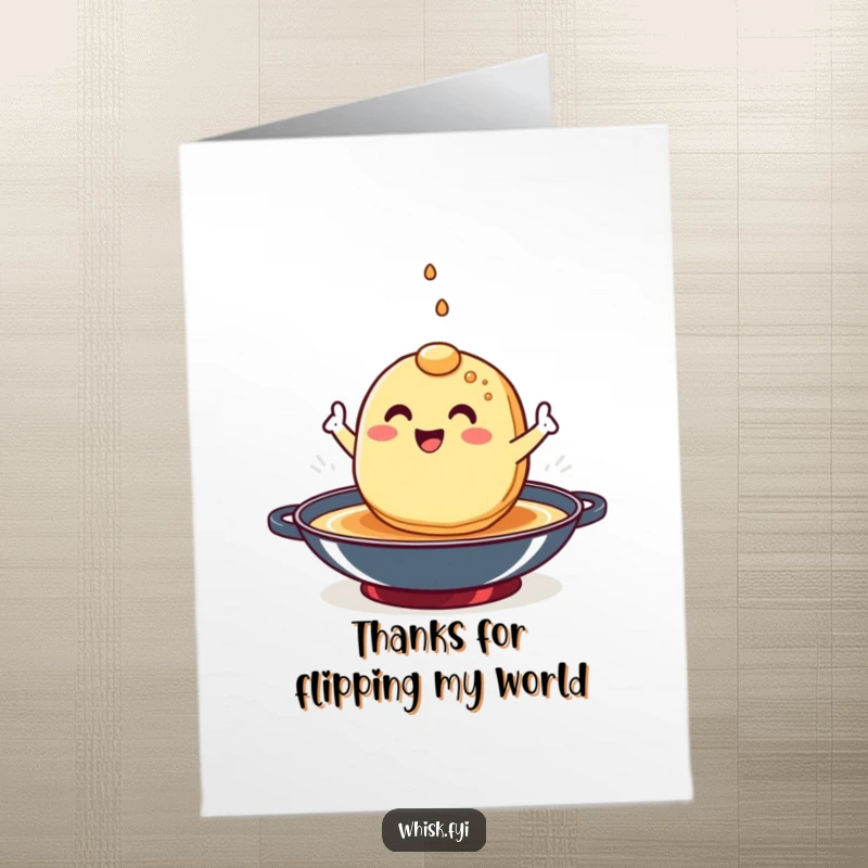 Funny Free Printable Thank You Card: A happy pancake character performing an impressive flip in a hot pan, conveying genuine thanks.
