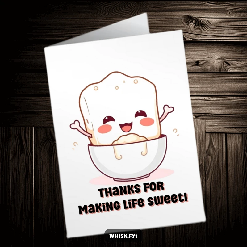 Funny free printable thank you card with a smiling sugar cube character pouring sweetness, expressing gratitude with a giggle.