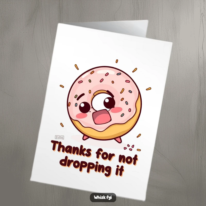 Funny Free Printable Thank You Card: A startled donut character tripping and scattering sprinkles, a humorous token of appreciation.