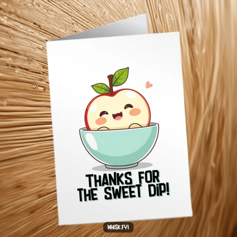 Funny Free Printable Thank You Card: Adorable kawaii apple bobbing energetically in a bowl, a fun symbol of gratitude, printable now.