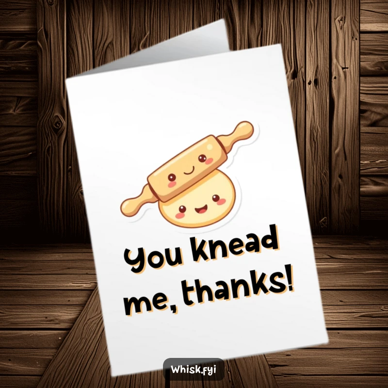 Funny Free Printable Thank You Card: Adorable kawaii rolling pin merrily rolling over a smiling piece of dough, offering thanks with a baking theme, printable now.