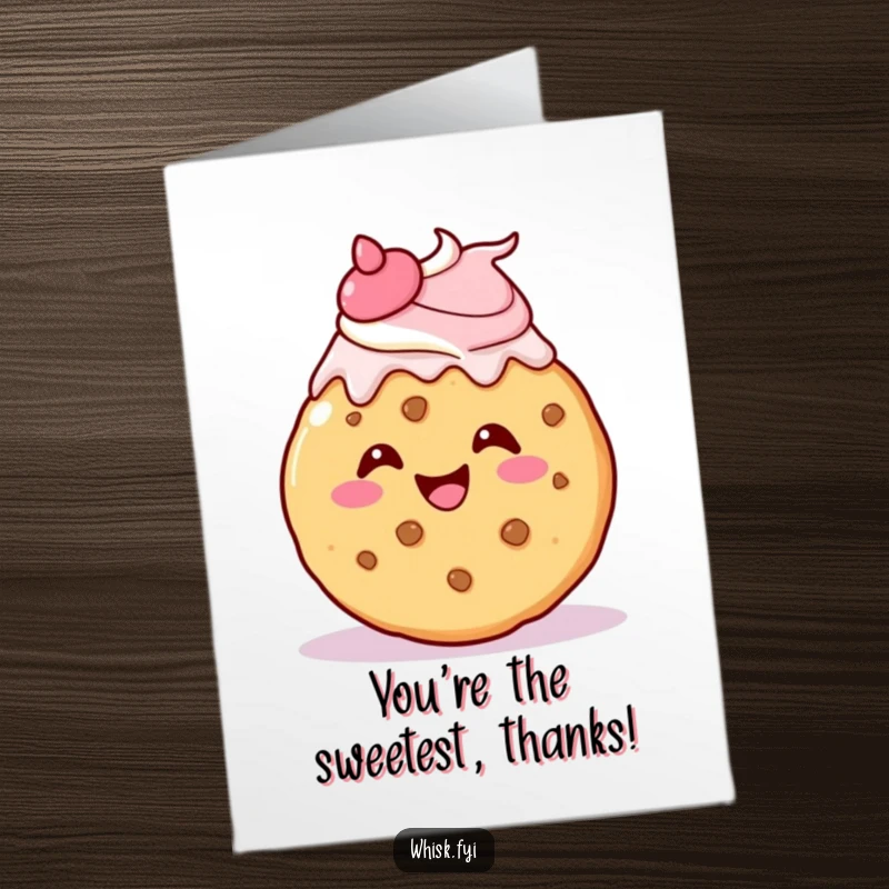 Funny Free Printable Thank You Card: Adorable kawaii cookie gleefully icing itself with a flourish, offering a sweet thank you, printable now.