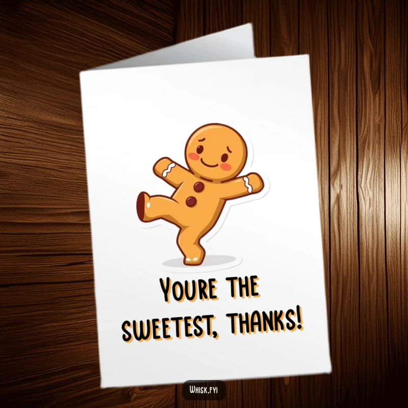 Funny Free Printable cheerful gingerbread man doing a cartwheel for a thank you card, energetic and humorous downloadable art.
