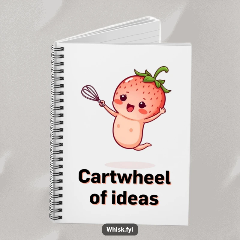 Funny kawaii strawberry notebook, performing a cartwheel while holding a tiny whisk, creative and hilarious baking journal, perfect funny gift.