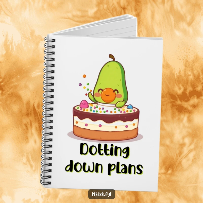 Funny green avocado with an apron decorating a cake with colorful dots on a notebook cover.