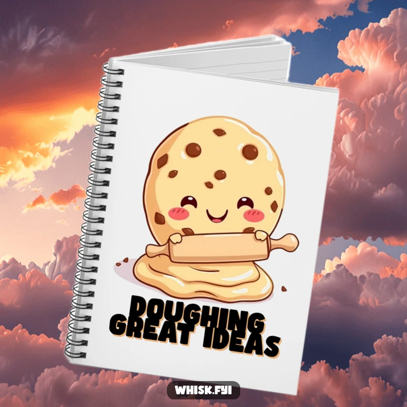 Funny notebook with a happy cookie character using a mini rolling pin on dough, great for note-taking.
