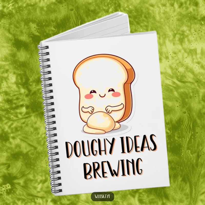 Funny notebook with a smiling, round bread slice character joyfully kneading dough with tiny hands, perfect for jotting down ideas.