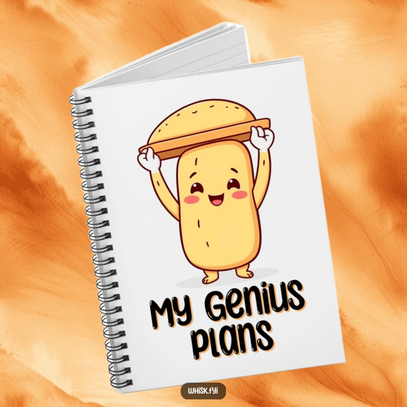 Funny baguette baker notebook with a proud baguette character holding a baking sheet, perfect for capturing baking ideas.