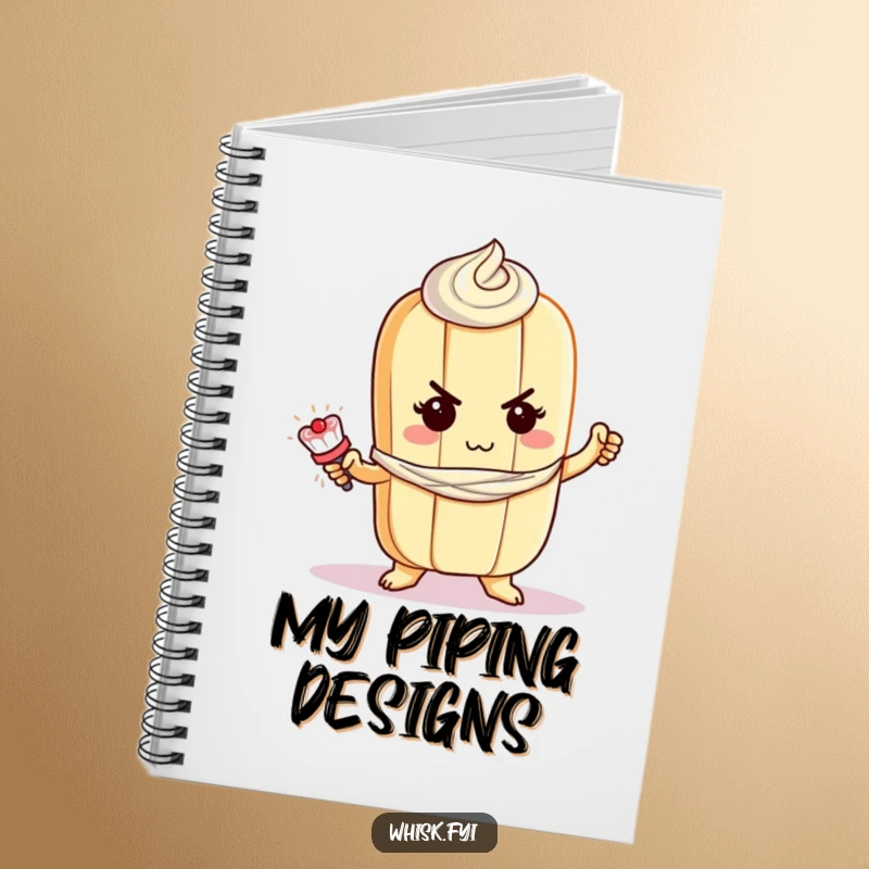 Funny baguette notebook featuring a determined baguette character bravely piping frosting, perfect for recipes and notes.
