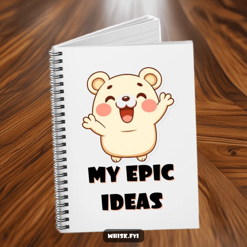 Funny happy bear claw pastry character giving a delighted cheer on the cover of a cheerful notebook.