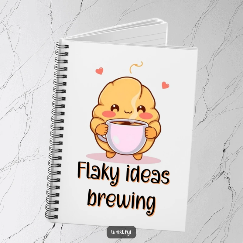 Funny notebook cover featuring a blushing croissant character offering coffee, perfect for journaling warm thoughts and creative ideas.
