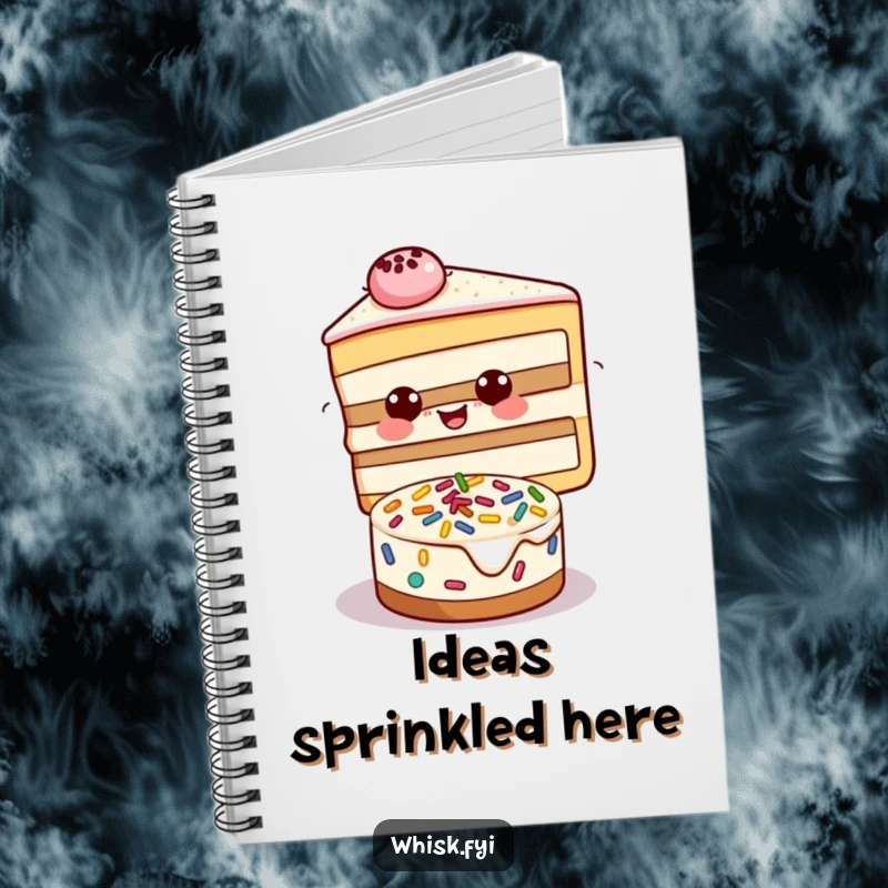 Funny notebook with a beaming slice of cake decorating a smaller cake with sprinkles, great for notes.