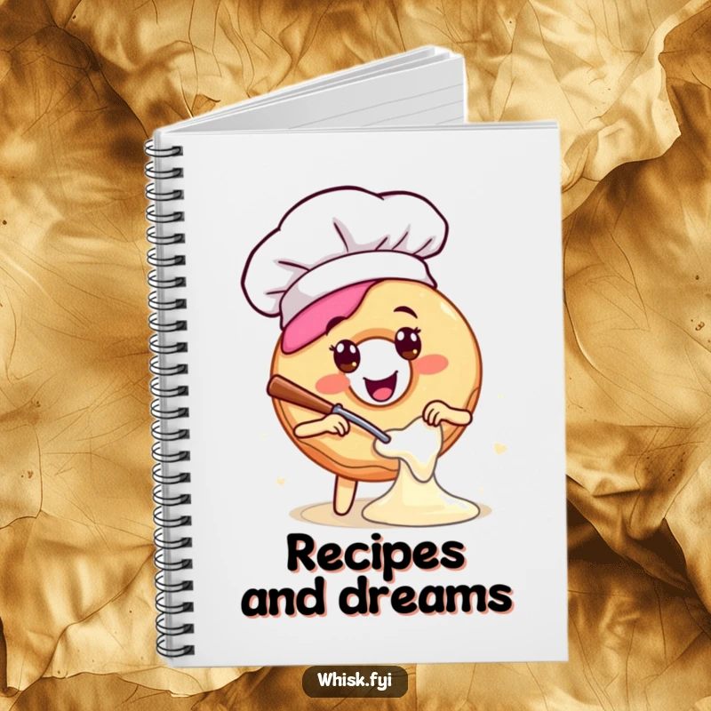Funny notebook featuring a happy donut in a chef hat, energetically mixing batter, inspiring delicious ideas and culinary creativity.